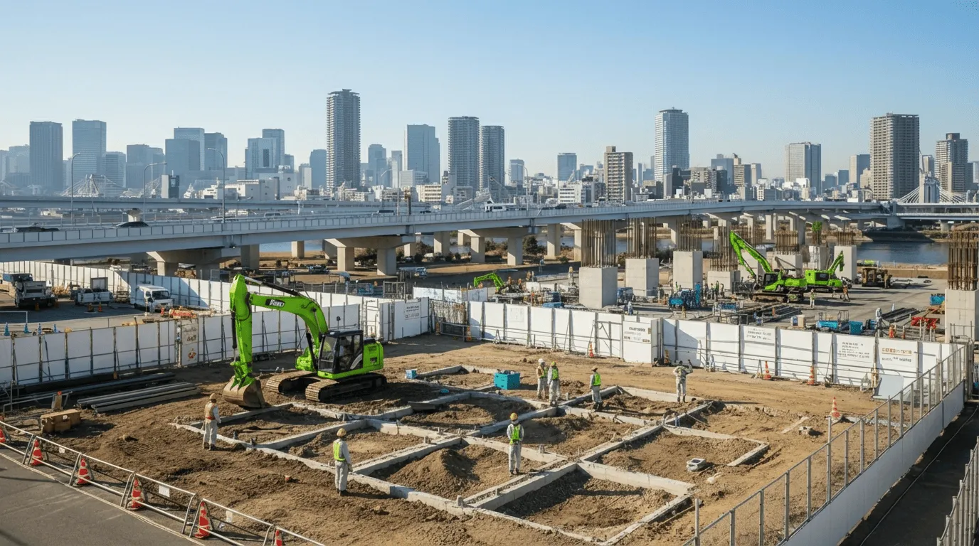 重機オペレーターや職人など様々な作業員が協力して作業している風景